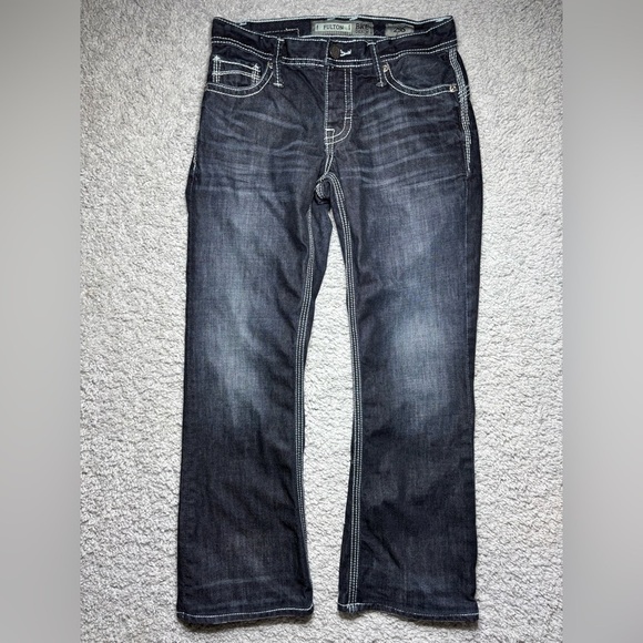 BKE Denim Jeans Mens 29 Short Fulton Button Fly Dark Embroidered Big Stitch - Picture 1 of 6